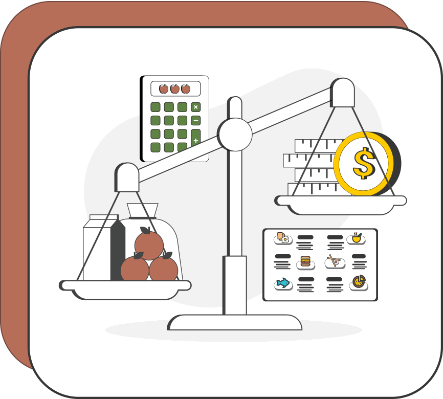 A vector graphic of a scale with food on one side and costs on the other.