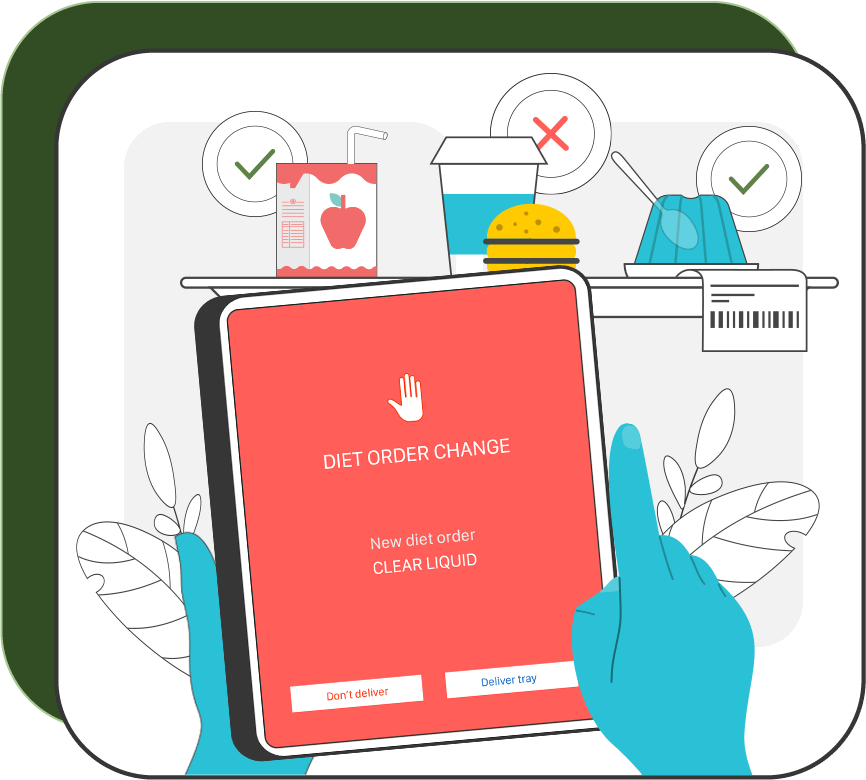 A person holds a tablet showing a Diet Order Change error message with food in the background indicating that the juicebox is acceptable, the hambuger and drink is not acceptable, and the gelatin is acceptable.