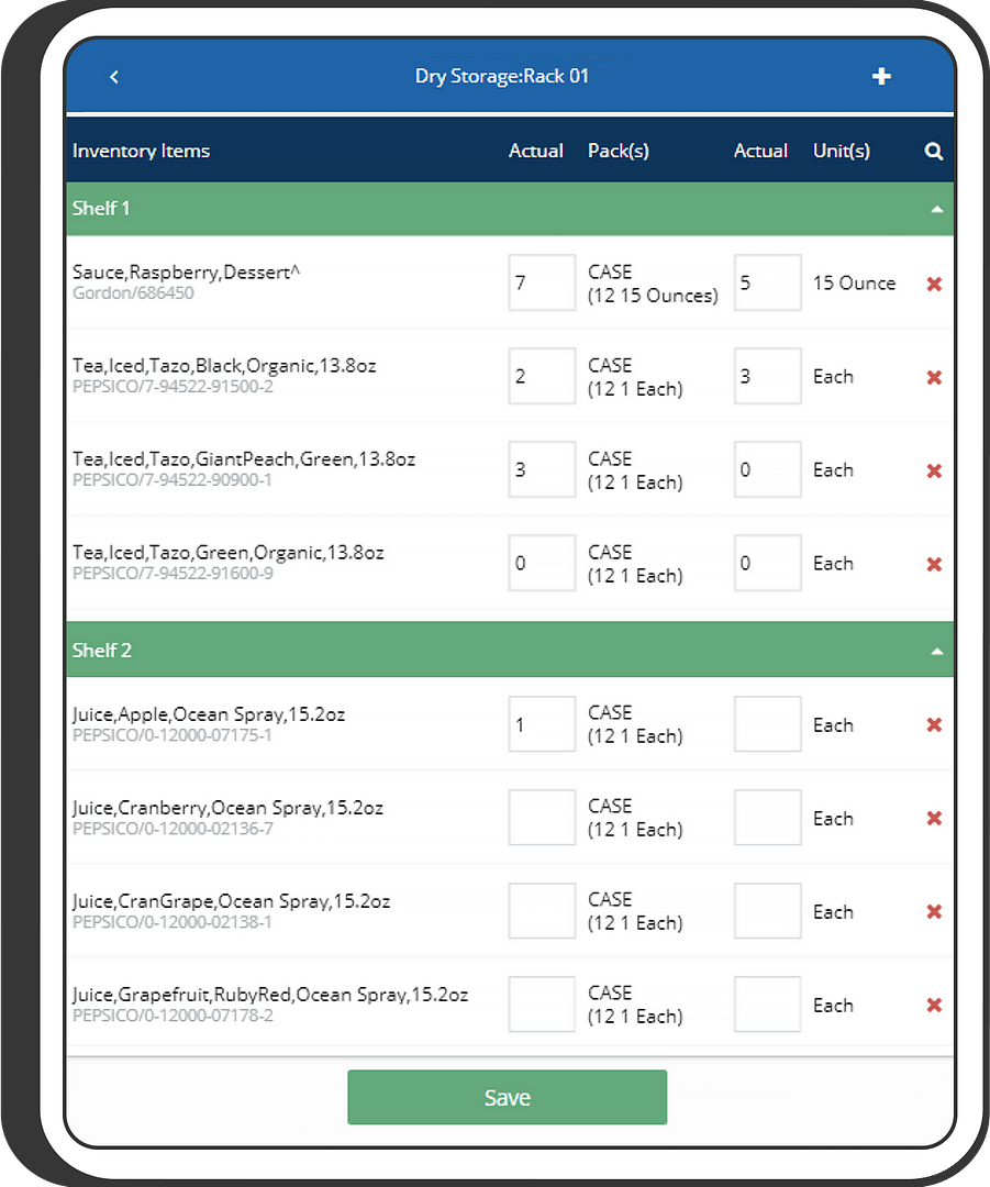A screenshot of a Physical Inventory worksheet from Inventory Connect.