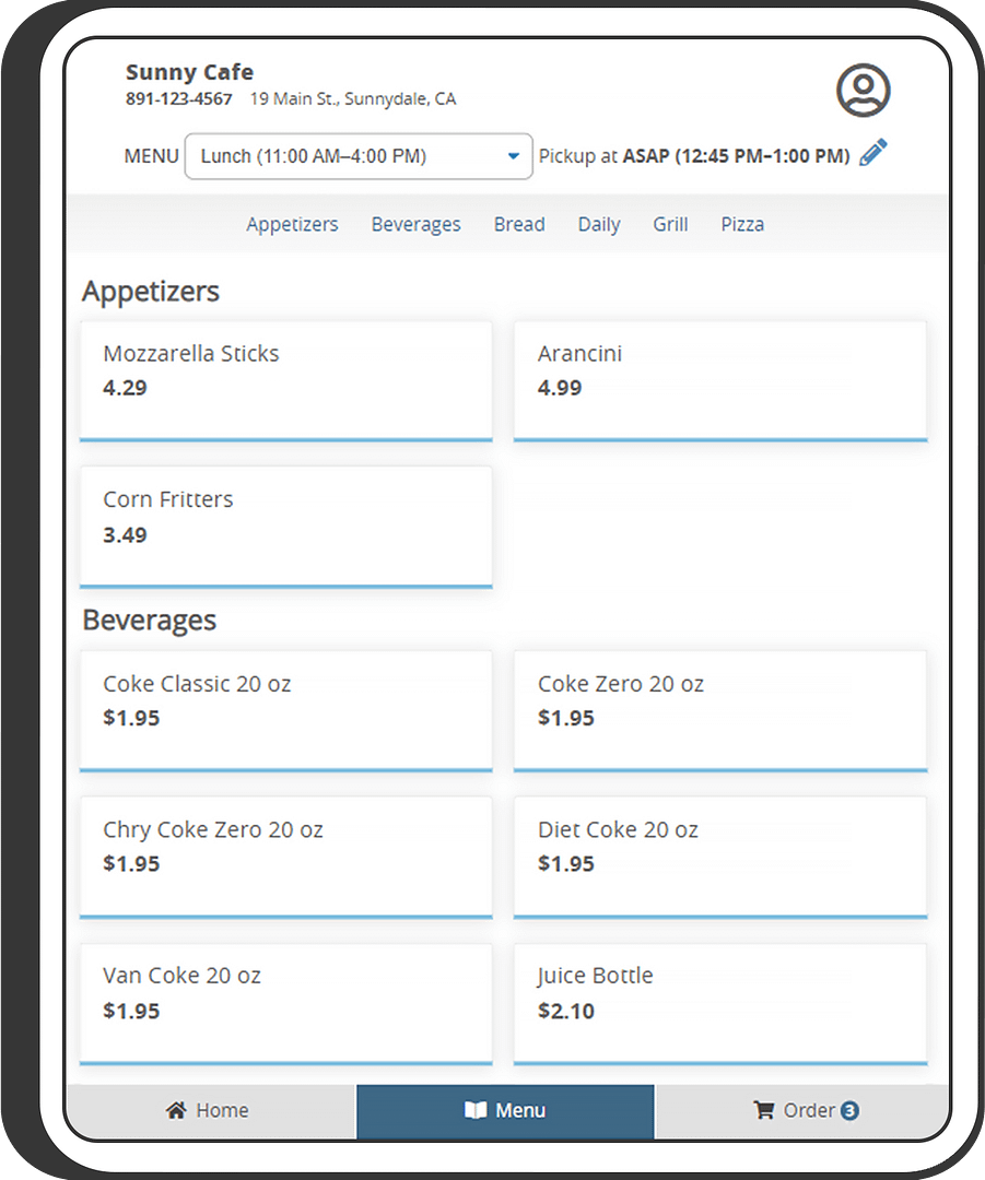 A screenshot of a Lunch menu at Sunny Café in SPOON. 3 menu items have been selected for the current order and pickup is scheduled for ASAP.